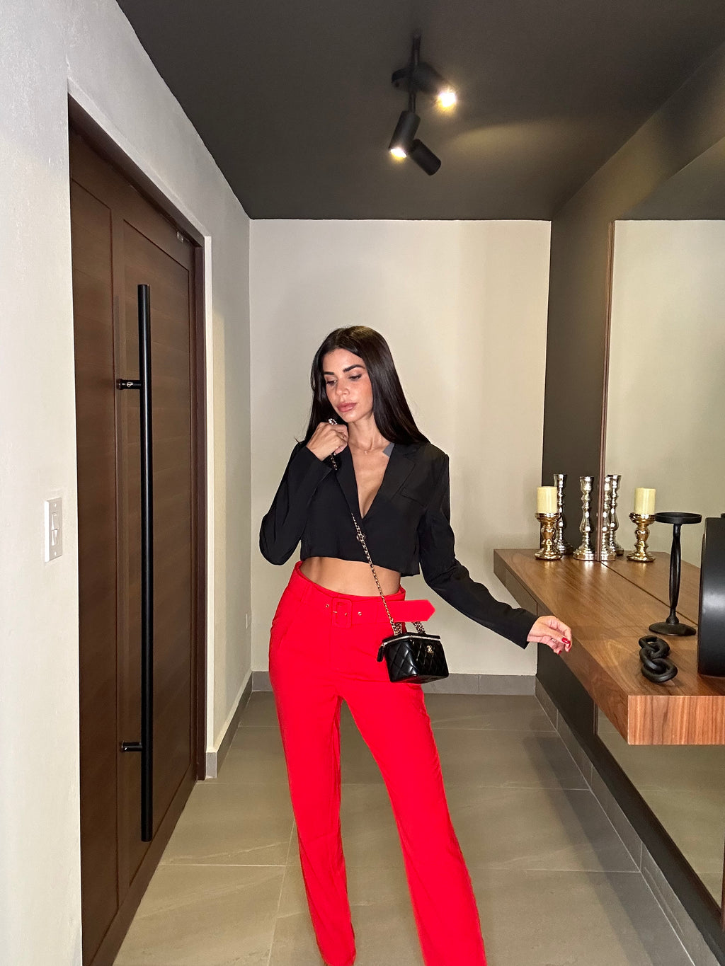 Red belted pants