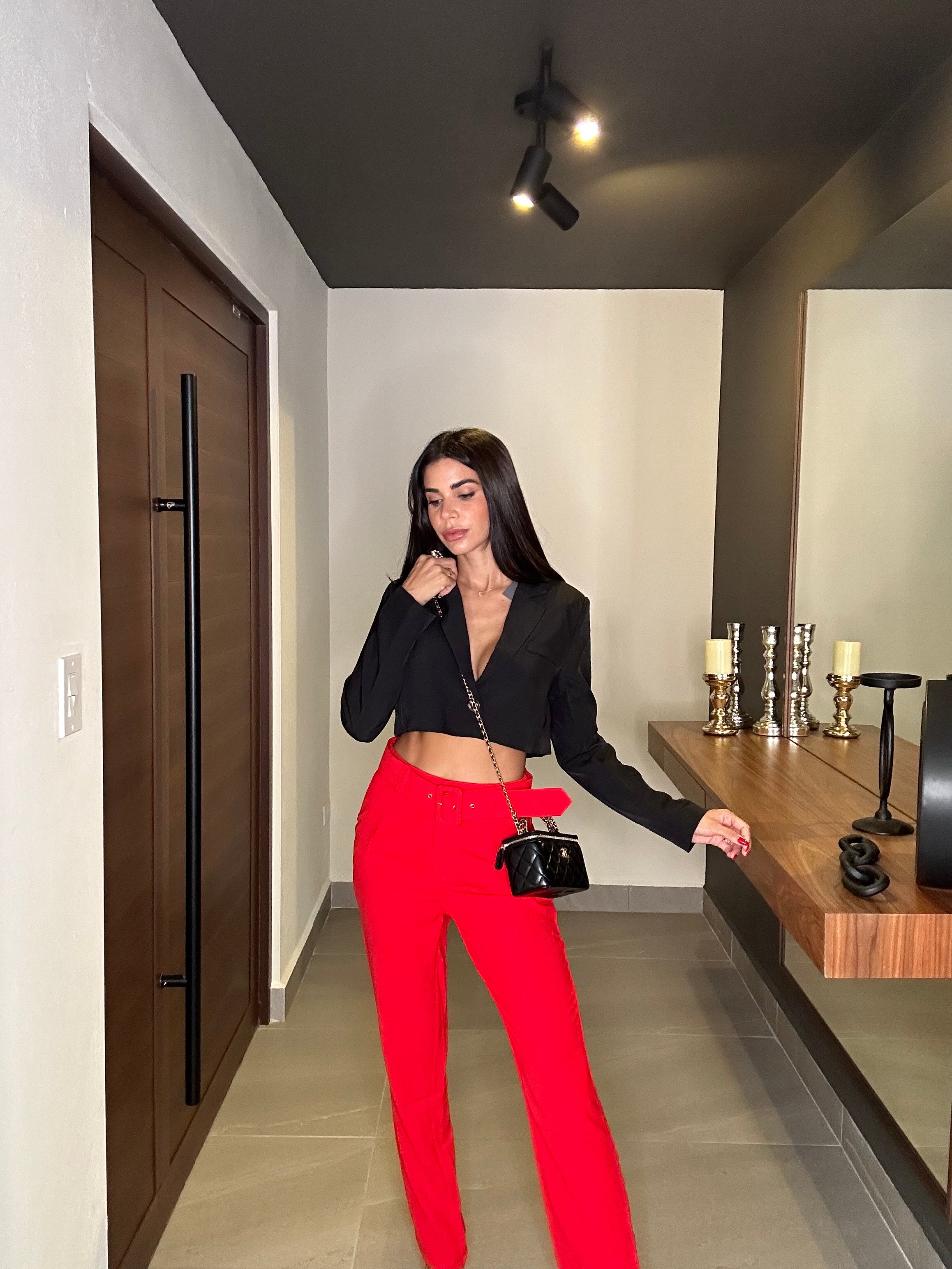 Red belted pants